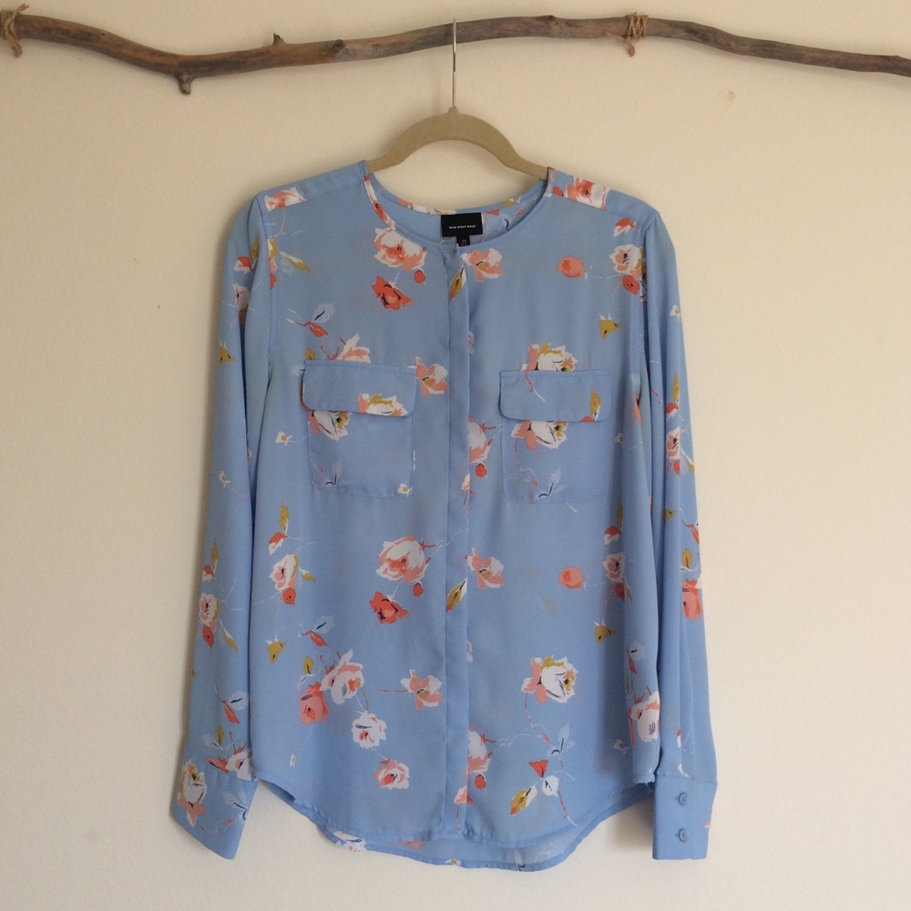 Blue & Pink Floral Button Down Blouse
